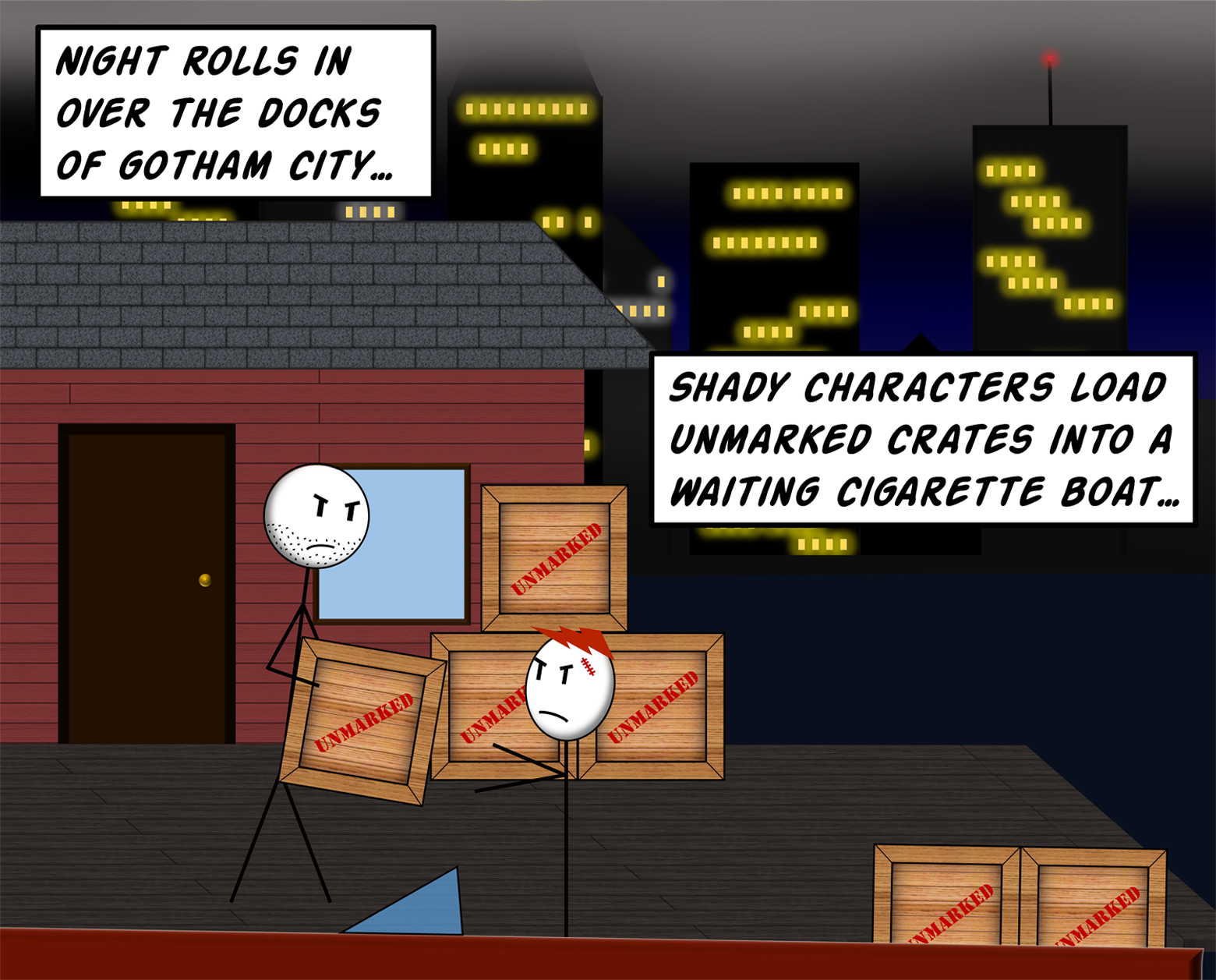 Stick-figure comic panel of a dockside at night, with city lights in the background. A caption reads "Night rolls in over the docks of Gotham City..." Another reads "Shady characters load unmarked crates into a waiting cigarette boat..." Two scowling smugglers pass wooden crates from the dock to the boat.