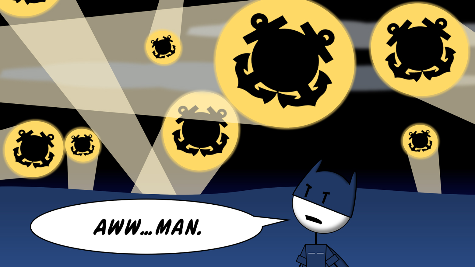 A stick-figure Bat-Coastie stands over dark water at night, looking deflated, as searchlights project a dozen Coast Guard emblem signals of different sizes into the sky. His speech bubble reads, "Aww... man."