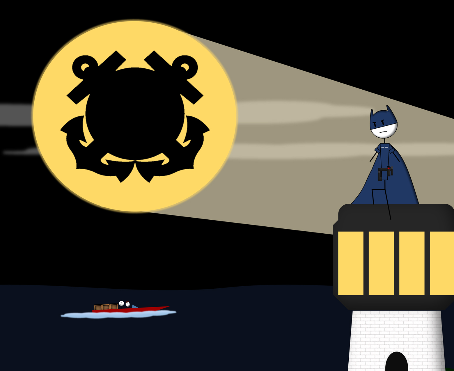 A stick-figure Bat-Coastie stands on top of a lighthouse at night in a cape, arms crossed, while a huge Bat-Coastie Signal with the Coast Guard emblem shines beside him. Out on the dark water, a small red boat loaded with crates carries two nervous smugglers.