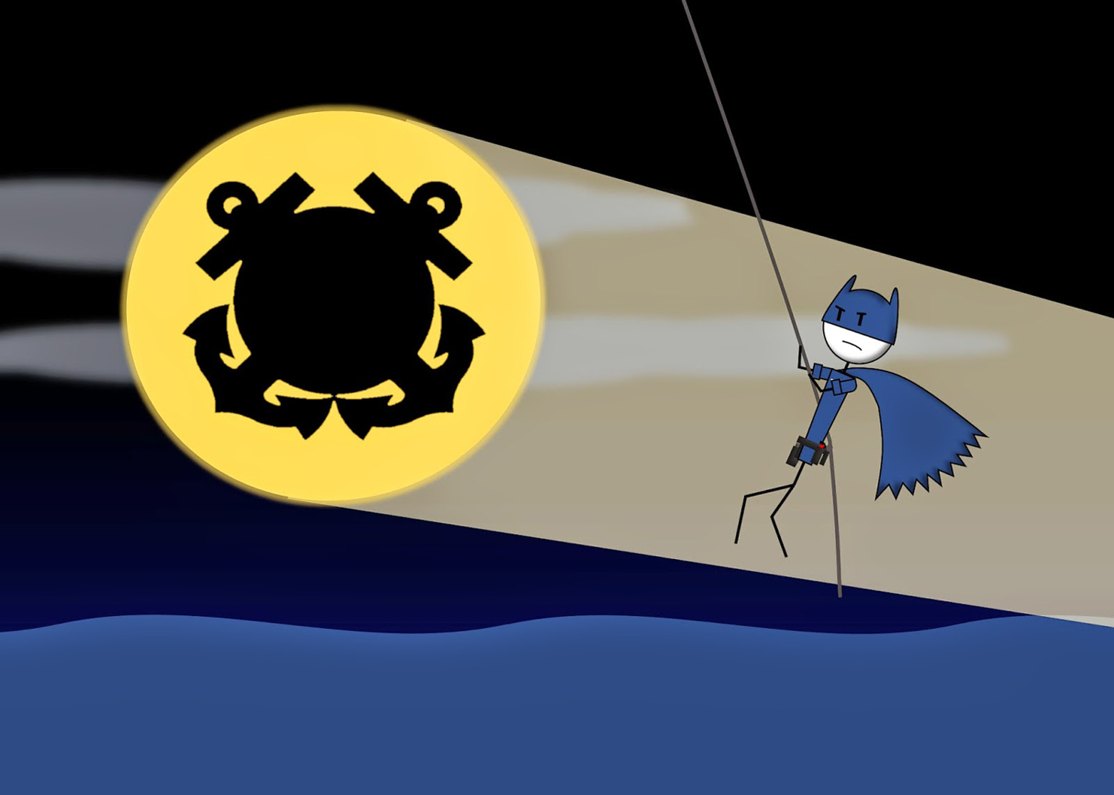 A stick-figure Bat-Coastie in a blue cowl and cape dangles from a rope over the ocean at night, looking glum. A huge yellow Bat-Coastie Signal in the sky shows the Coast Guard emblem, crossed anchors, instead of a bat.