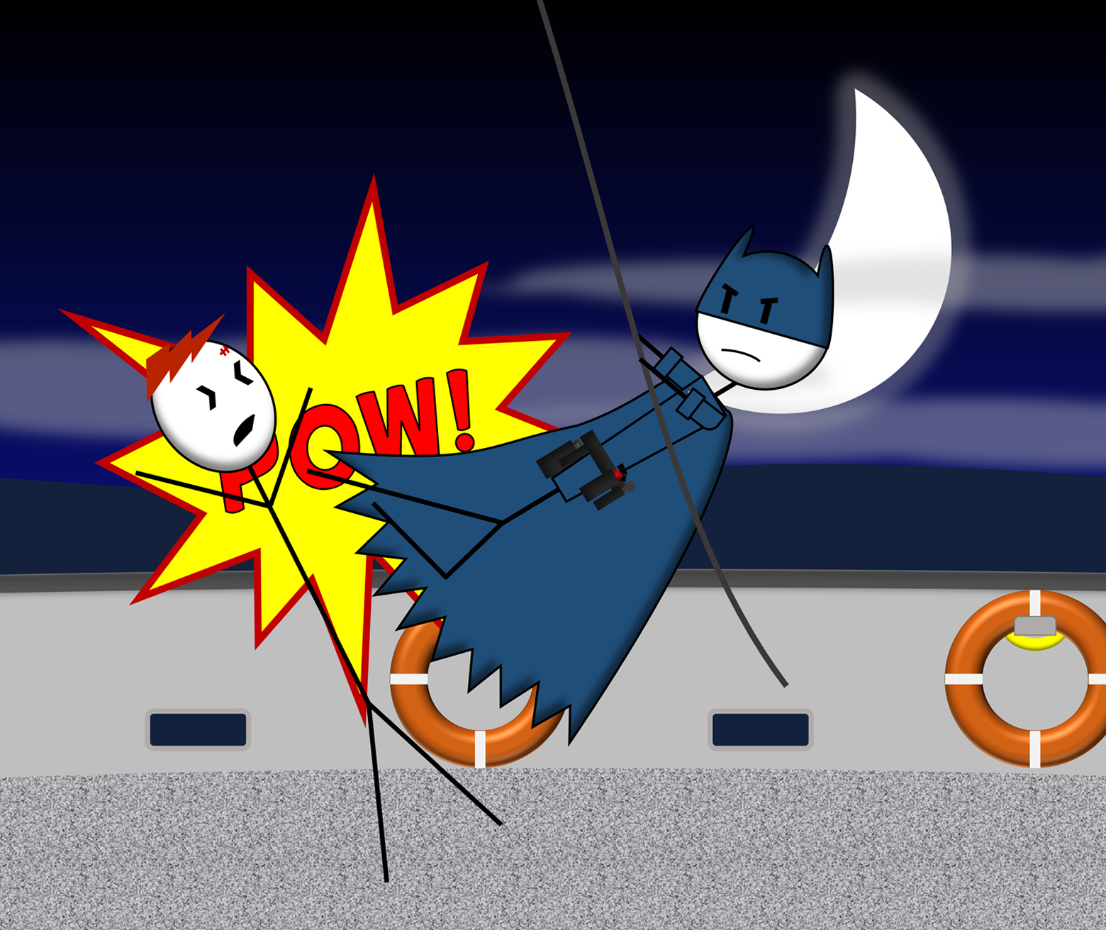 A stick-figure Bat-Coastie swings in on a rope under a crescent moon and kicks a red-haired criminal on the deck of a ship, with a big red and yellow "POW!" burst at the point of impact. Orange life rings hang on the ship's wall behind them.