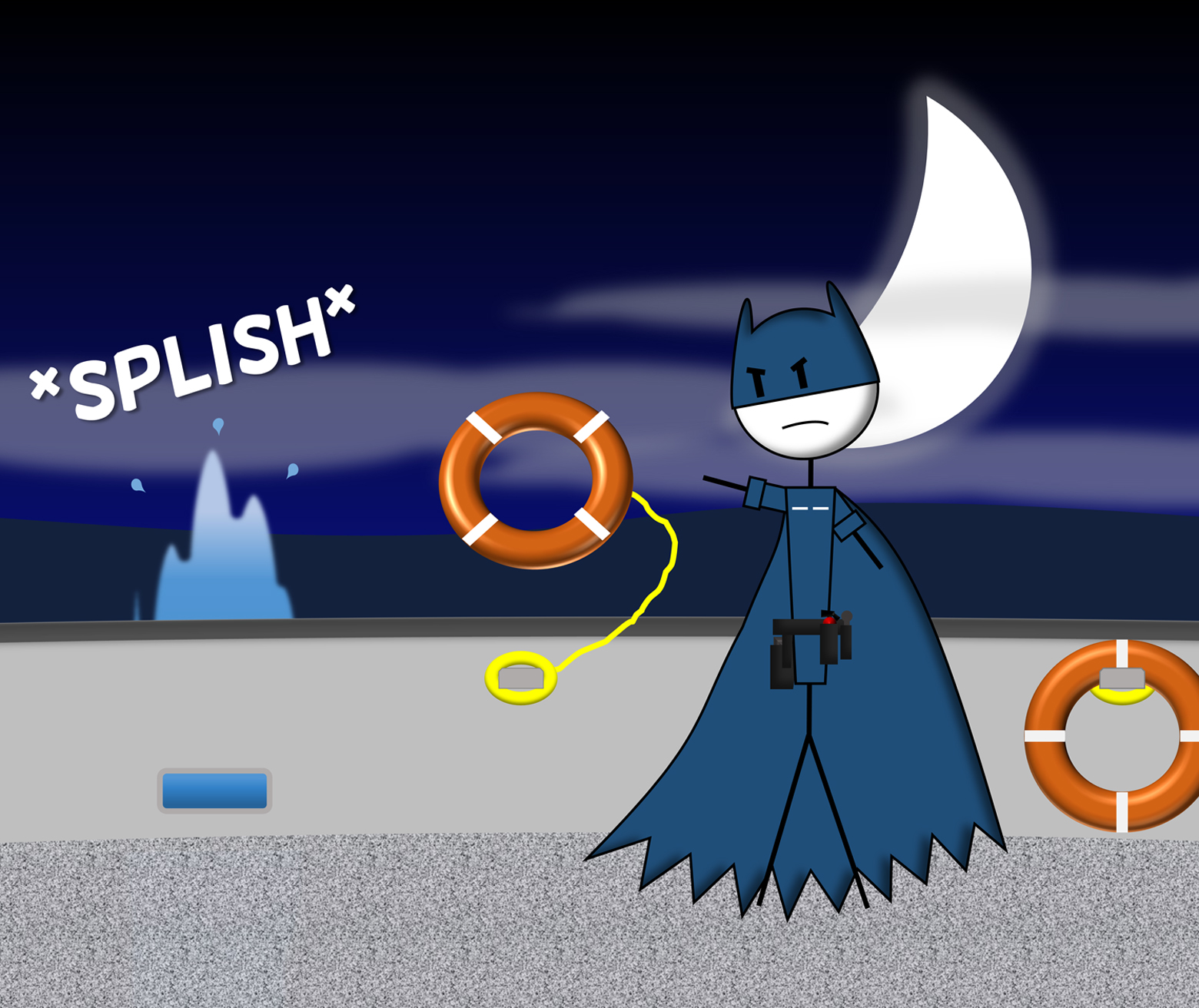 Bat-Coastie stands on the ship's deck, having just tossed an orange life ring on a yellow line into the water. A splash and the sound effect "SPLISH" show where the criminal landed.