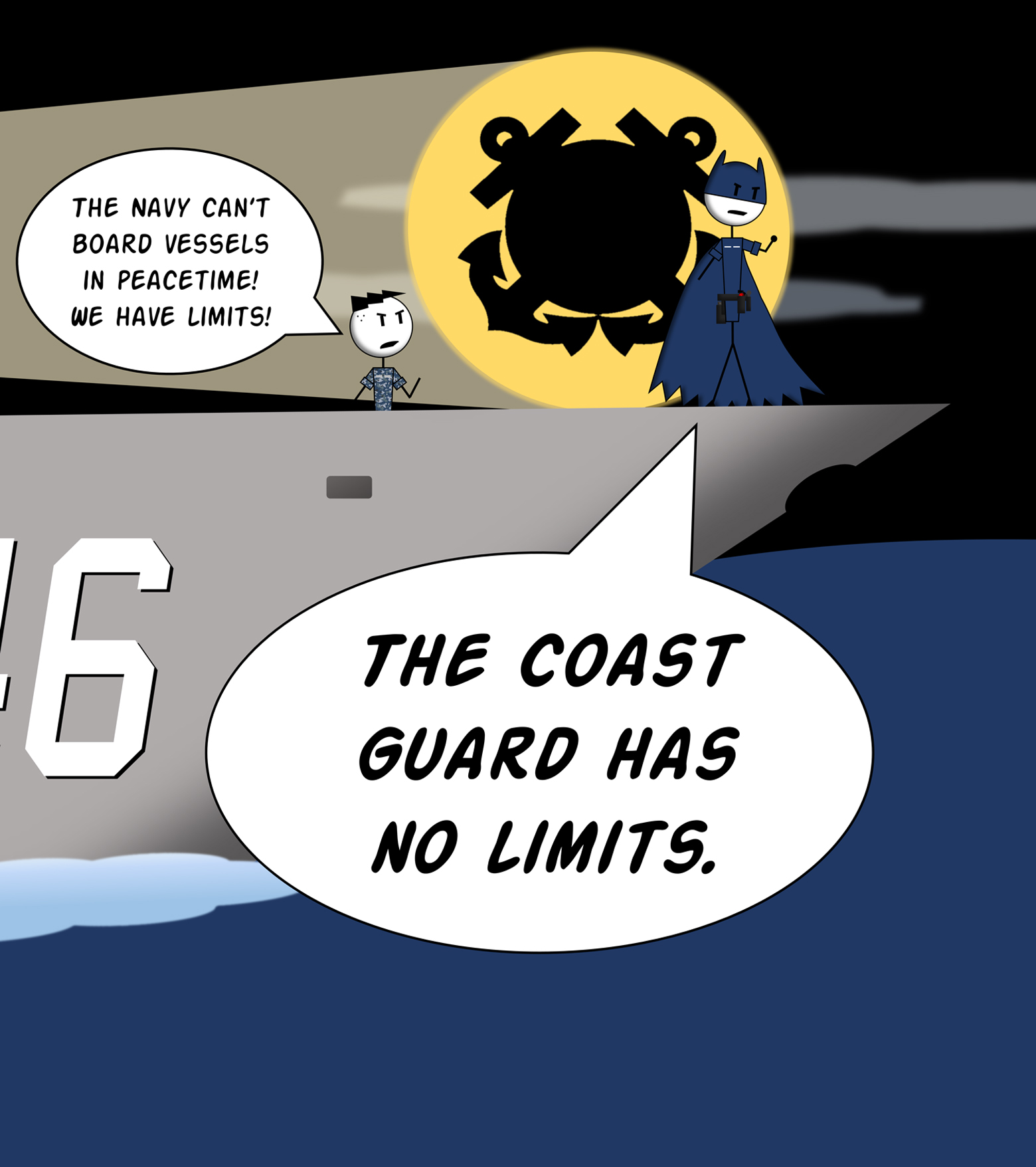 On the bow of a gray Navy ship, a sailor in camouflage says, "The Navy can't board vessels in peacetime! We have limits!" Beside him, Bat-Coastie stands in front of a Bat-Coastie Signal showing the Coast Guard emblem and declares, "The Coast Guard has no limits."